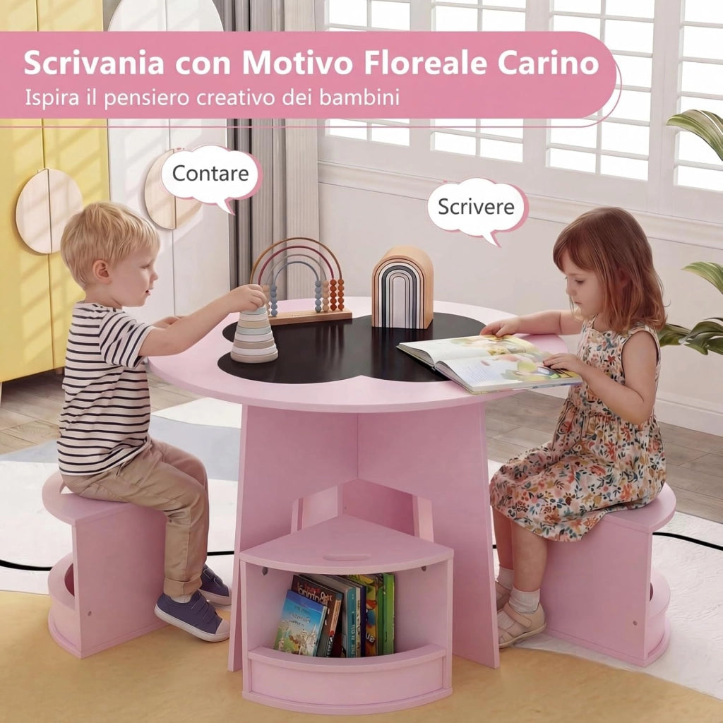 2 in 1 Set Tavolo e 4 Sedie per Bambini 3+ Anni, Set Tavolo Rotondo e Sedie con Portaoggetti, Tavolino in Legno Salvaspazio per Cameretta Ragazzi e Asilo Nido (Rosa)