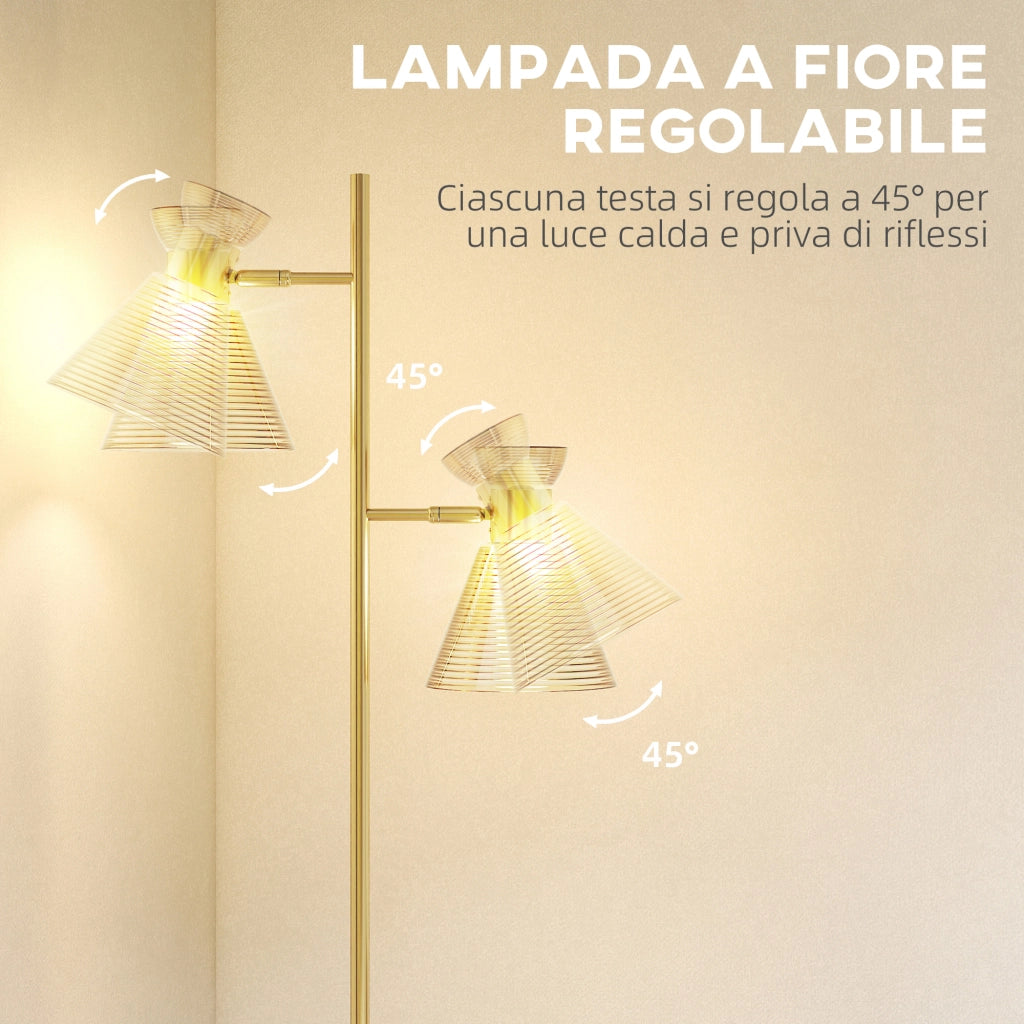 Lampada da Terra Moderna con 2 Luci Orientabili Interruttore a Pedale Oro