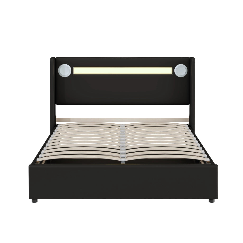 Letto Contenitore Imbottito con LED 140x200 ¨C MINIMAL ¨C Similpelle Nero, Rete a Doghe