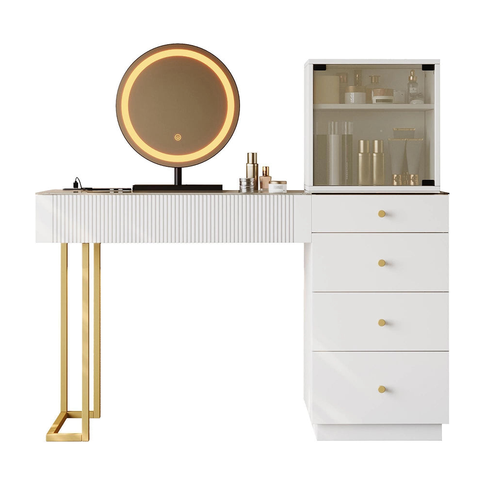 Toeletta con specchio LED - Xylo - L120xP40xH120cm - Bianco - Piano vetro temperato 5 cassetti