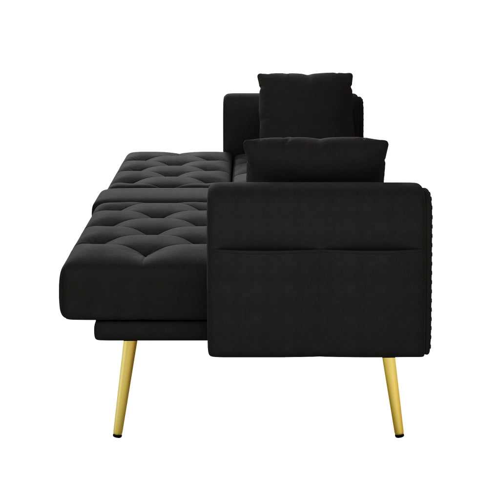 Divano letto in velluto con schienale regolabile, portabicchieri e cuscini, nero 175 × 80 × 73,5 cm