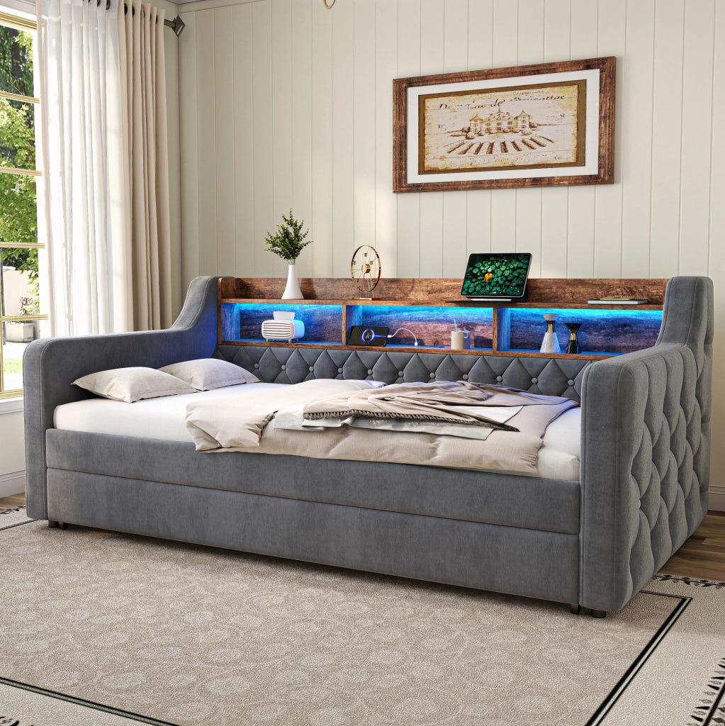 Divano letto 90x190 cm estraibile con contenitore in velluto grigio scuro