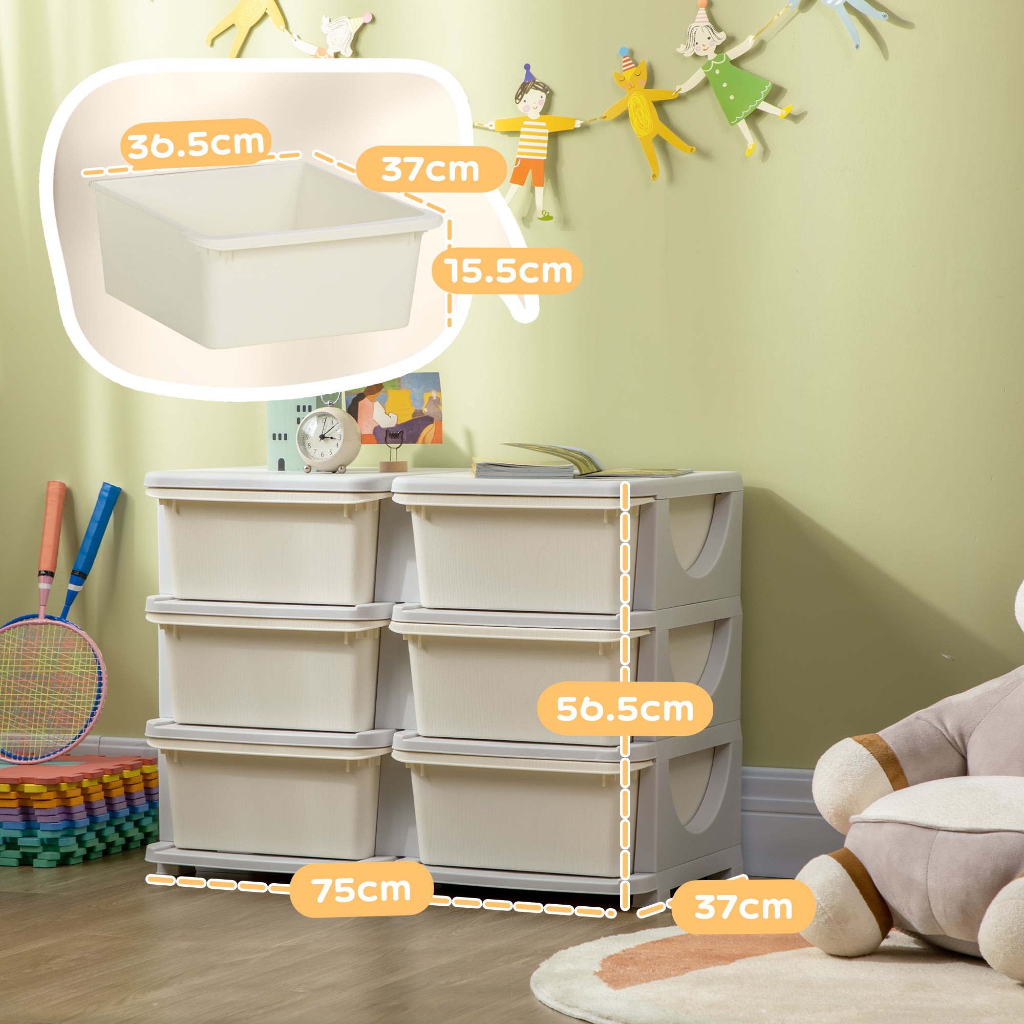 Cassettiera Portagiochi per Bambini 3-6 Anni 75x37x56.5 cm 6 Cassetti con Bordi Arrotondati in PP Bianco Crema