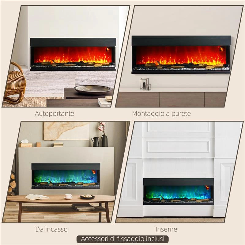 CAMINO ELETTRICO DA INCASSO E PARETE 1800W CON FIAMME COLORATE LED REGOLABILI TEMPERATURA FINO 40C NERO