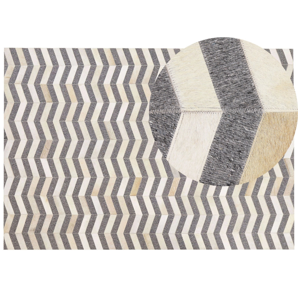 Tappeto tappetino Grigio e Beige Jacquard Pelle Bovina Motivo Geometrico Chevron Retro 160 x 230 cm