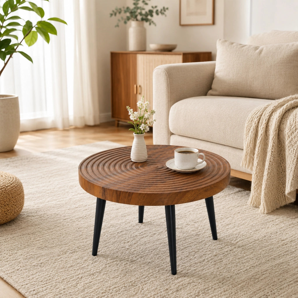 Tavolino da caffè rotondo con piano in MDF da 5 cm; gambe in metallo nero regolabili; noce; Ø 60 cm