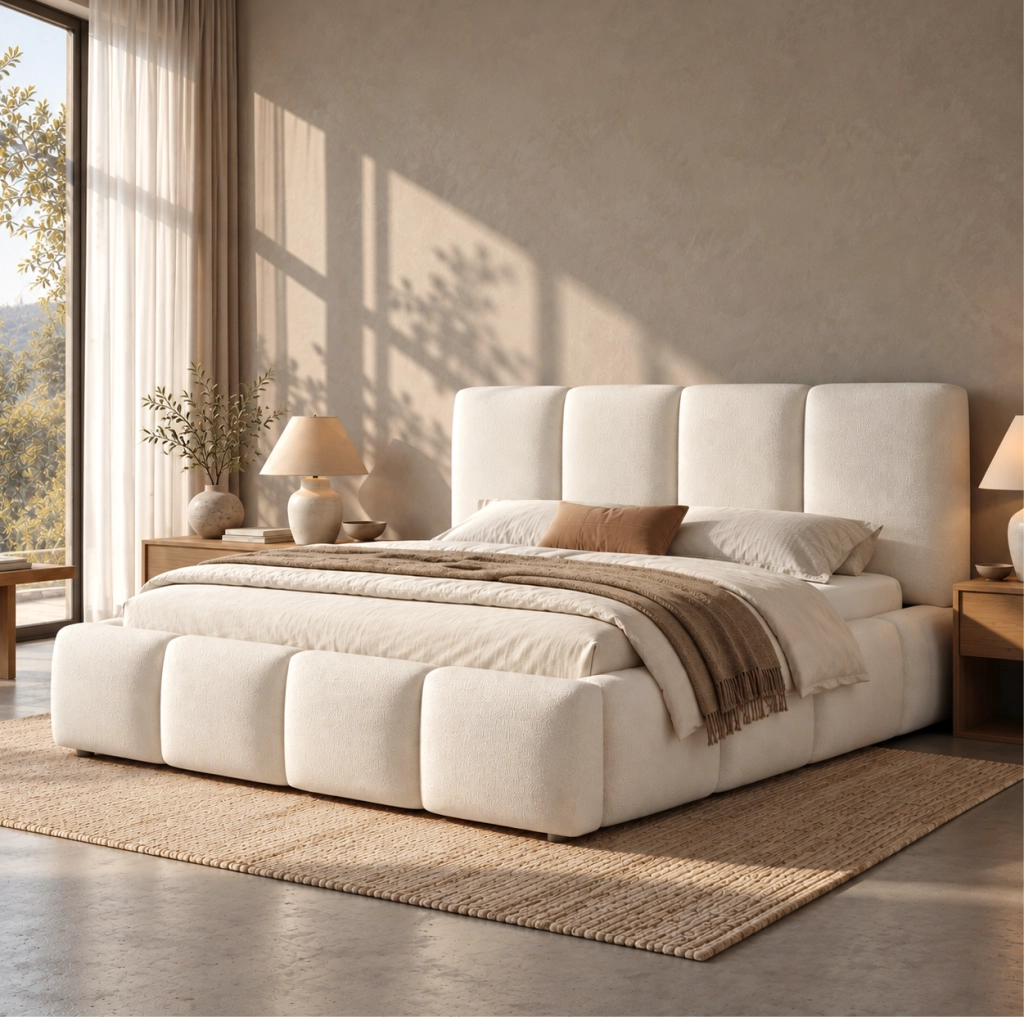 Letto matrimoniale 180x200 cm con contenitore idraulico e rete a doghe; bouclé bianco