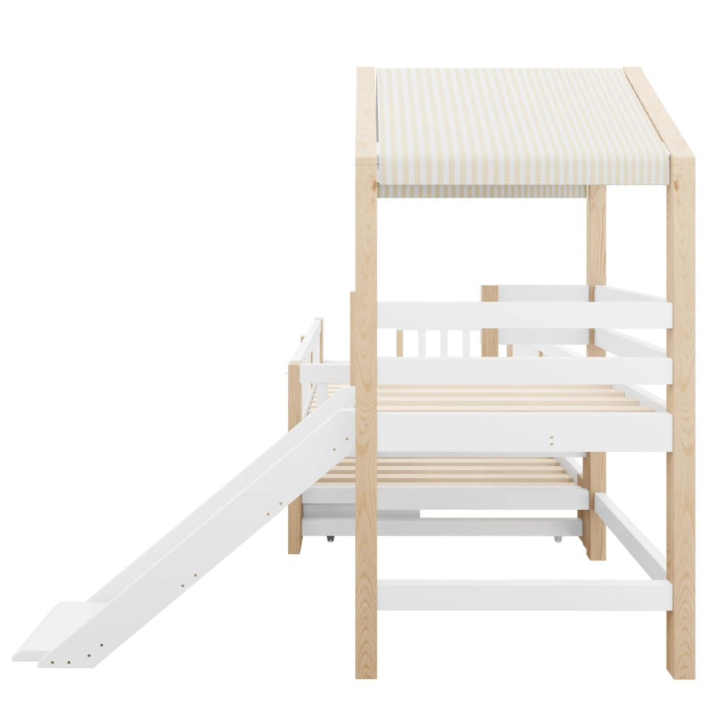 Letto per bambini 90x200 cm con scivolo; letto estraibile e scala in legno bianco
