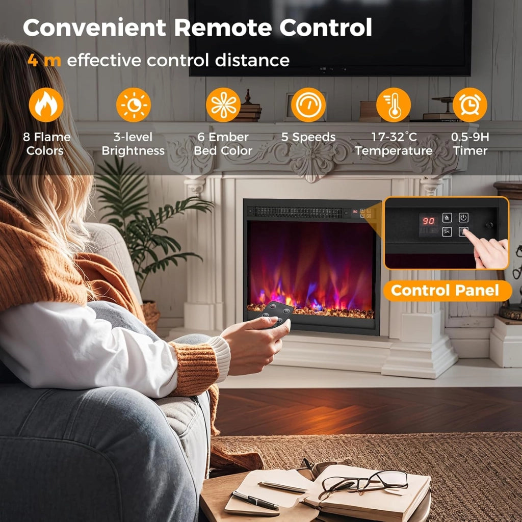 Camino Elettrico 1500W, Caminetto Elettrico con Effetto Fiamma LED a 8 Colori, 3 Livelli di Luminosità,17-32℃, Protezione Anti Surriscaldamento, Telecomando (49,1 X 12,3 X 45 CM)