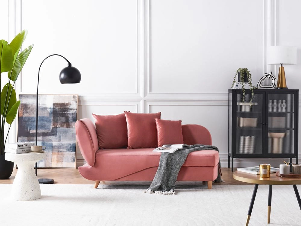 Chaise longue versione sinistra in velluto rosa con contenitore soggiorno lato sinistro design moderno contemporaneo