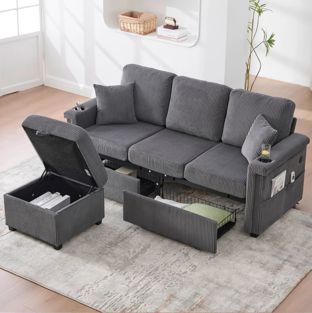 Divano modulare con contenitore 194x73x81 cm in tessuto effetto velluto a coste; grigio scuro