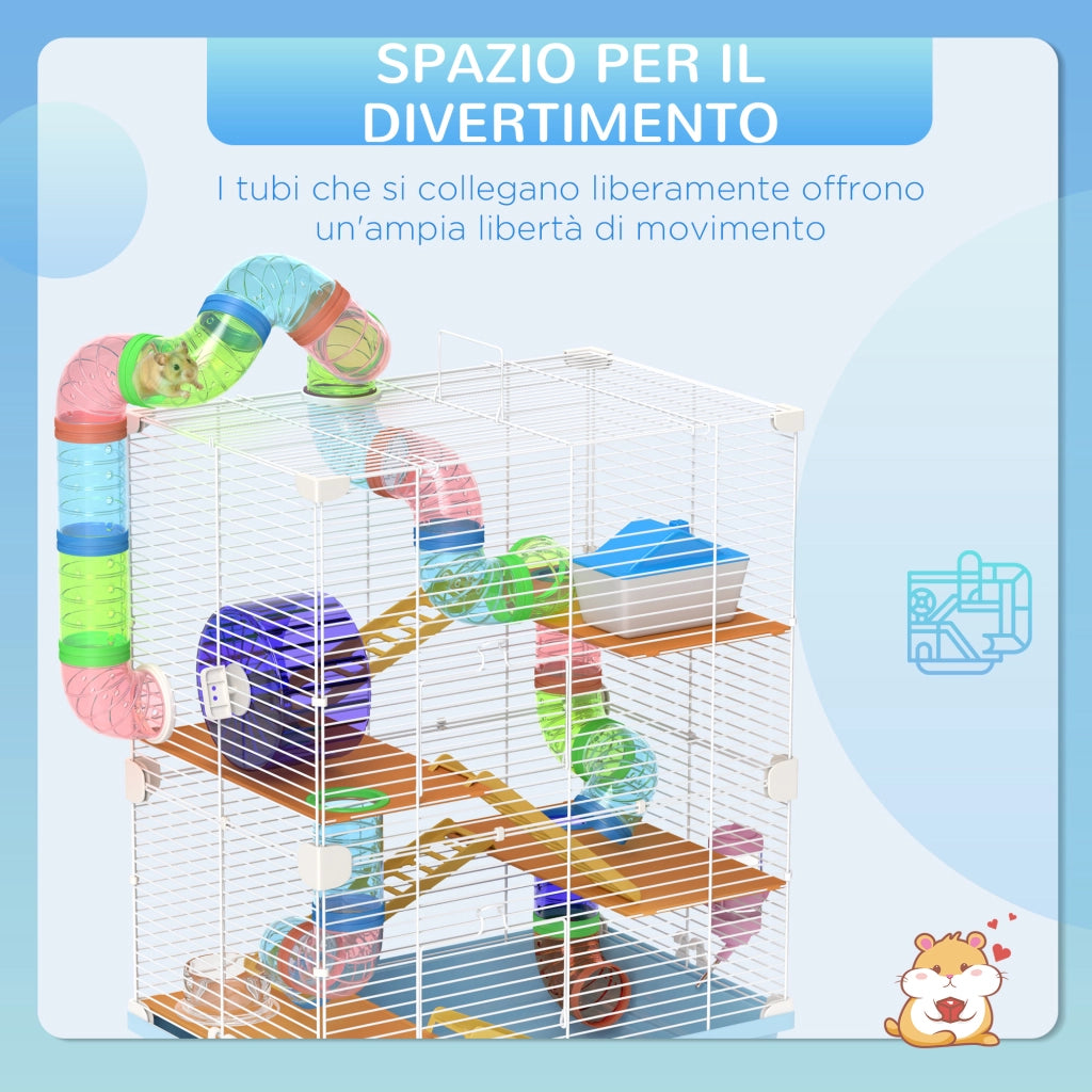 Gabbia per Criceti 5 Livelli con Tubi, Ruota, Scala e Casetta ¨C zephmum ¨C 46x30x58 cm