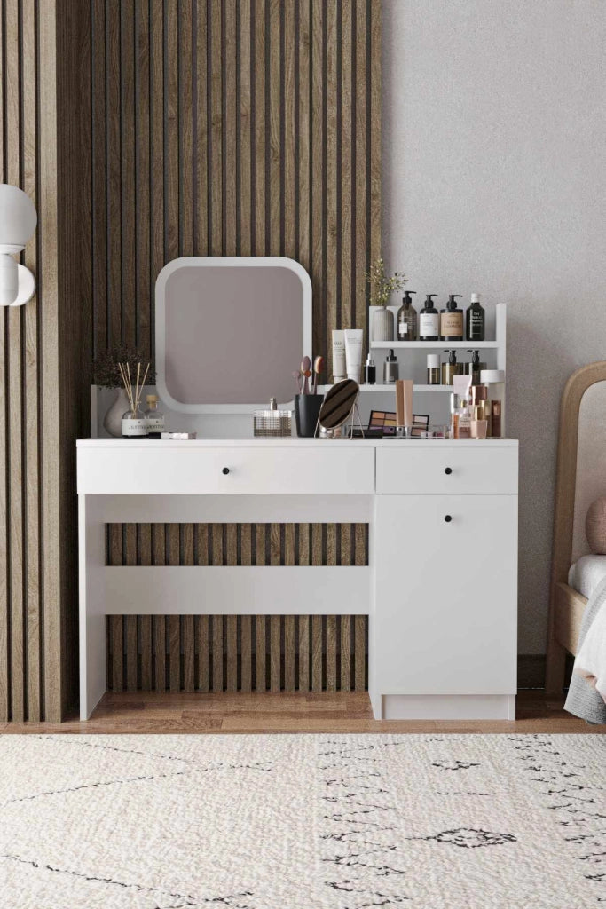 Comodino "Harmony Square" con specchio quadrato in legno - 124 x 40 x 135 cm - Bianco
