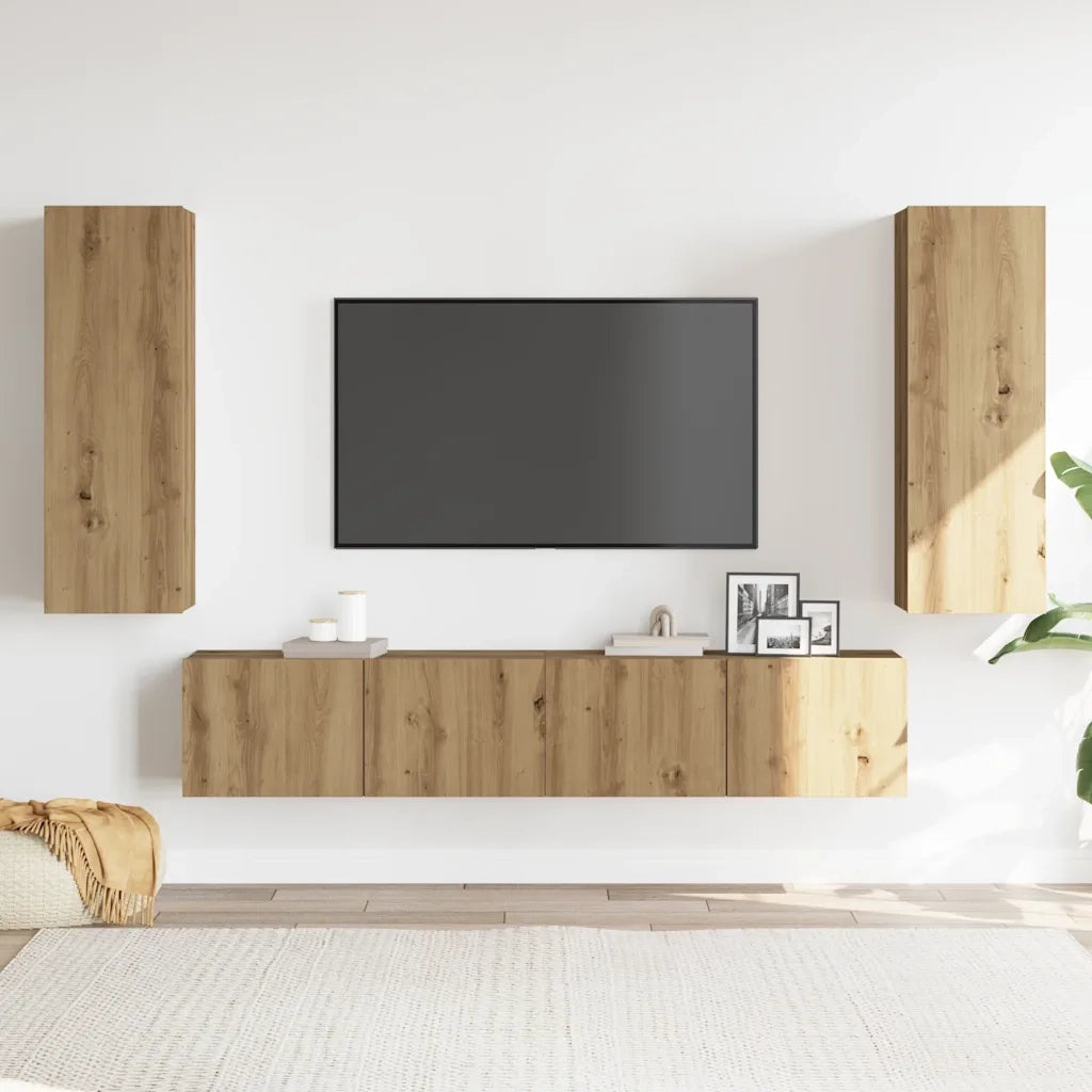 Mobili TV a Parete 4 pz | Armadietto TV | Mobile Porta TV Rovere Artigianale in Legno Multistrato