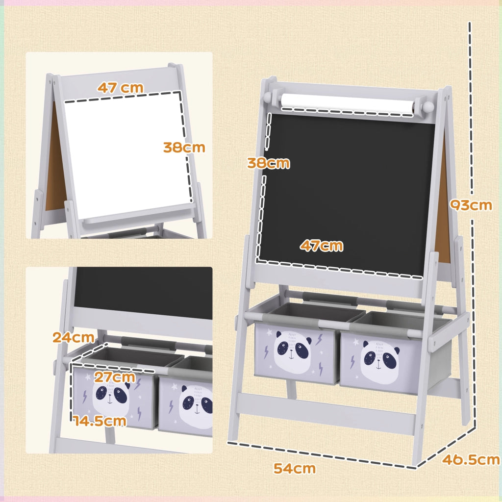 Lavagna per Bambini 54x46,5x93 cm con Cavalletto 3 in 1 e 2 Contenitori in MDF e Legno Grigio