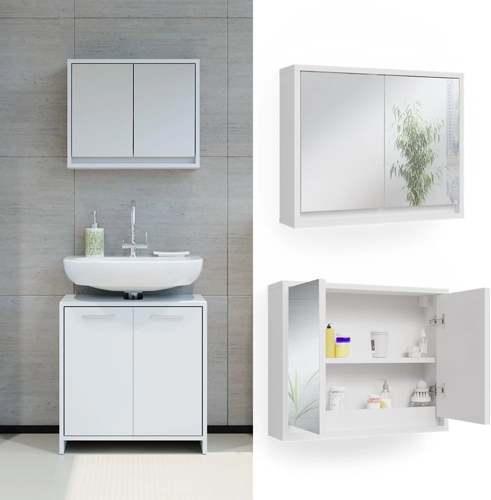 Specchio contenitore bagno Mila, Bianco, 55 x 45 cm, per montaggio a parete con ripiani regolabili