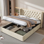 Letto matrimoniale imbottito con contenitore 140x190 cm in velluto beige