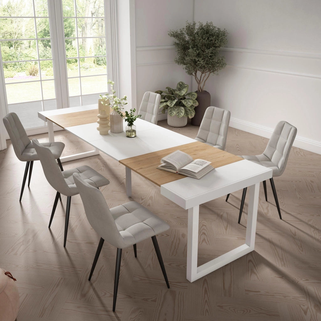 Consolle allungabile, 302x90x73cm, Per 14 persone, Gambe in legno, colore Rovere e bianco RF2967