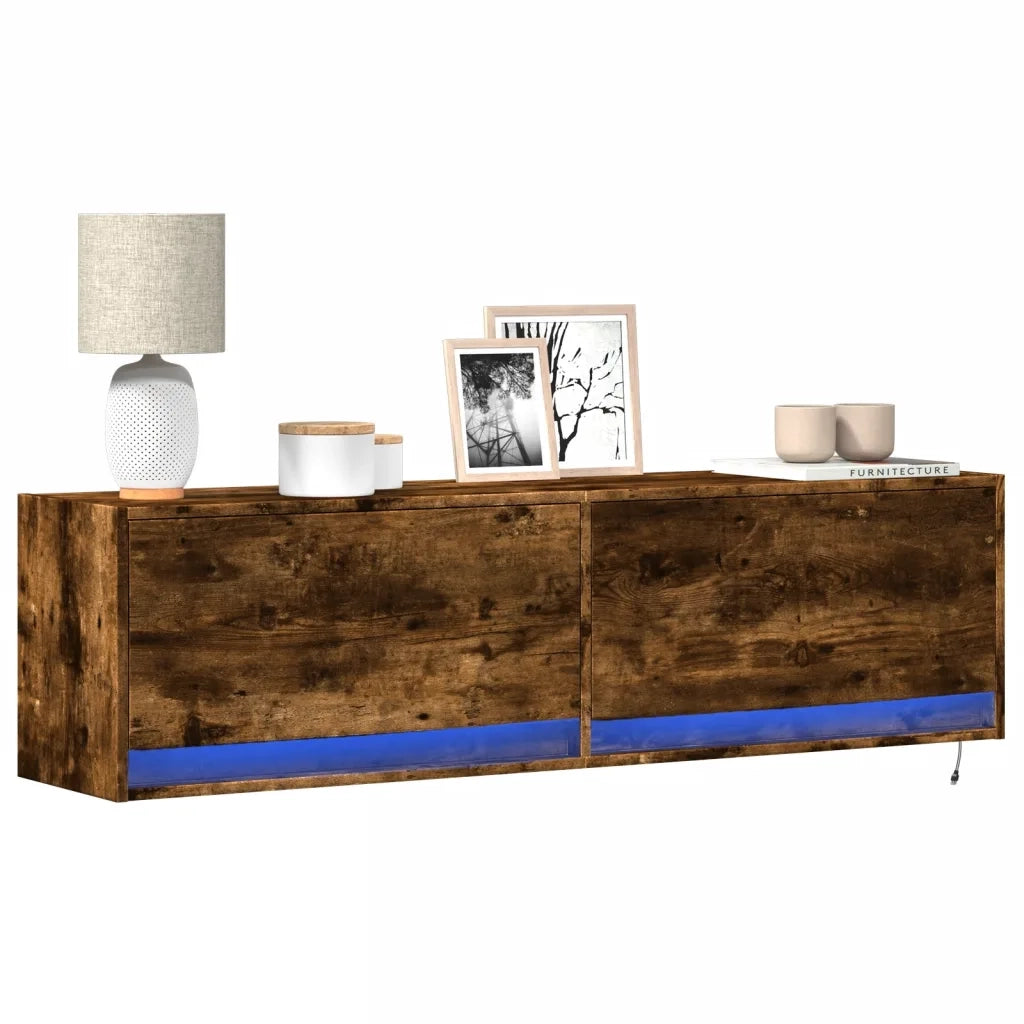 Mobile TV a Parete con Luci LED Rovere Fumo 140x31x38 cm
