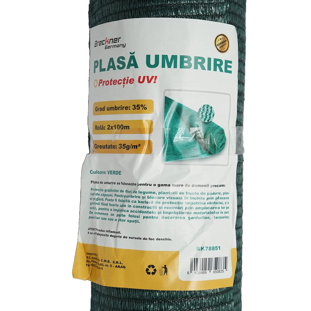 Rete ombreggiante 35% larghezza 2M e lunghezza 100M verde in polietilene con protezione UV