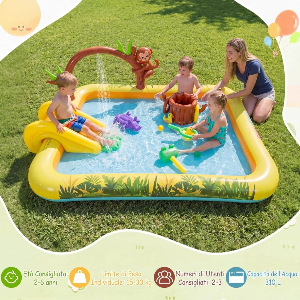Piscina Gonfiabile per Bambini, Piscinetta per Bambini a Tema Giungla con Scivolo, Palline e Giocattoli a Forma di Animali, Parco Giochi da Esterno per Giardino e Cortile, per 2-6 Anni