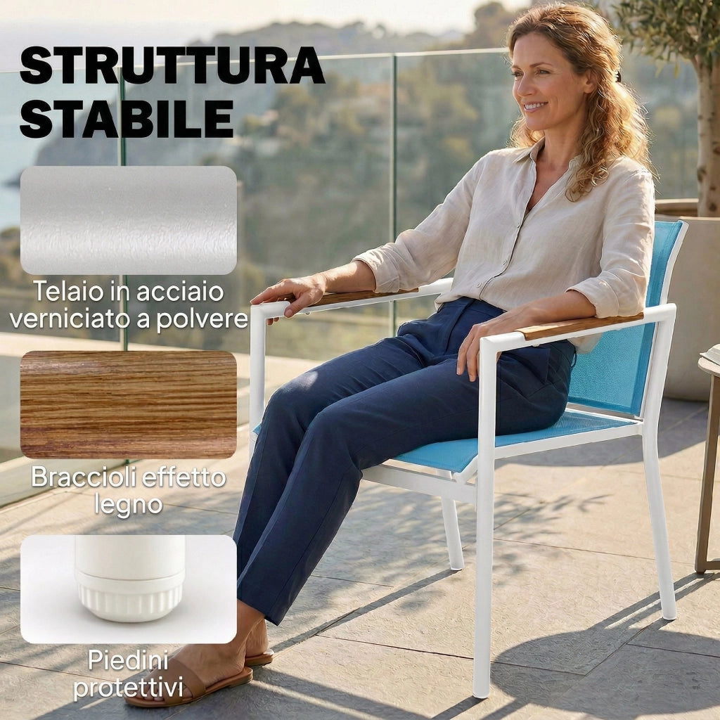 Set Giardino 4 Posti Divano, Poltrone, Tavolo in Metallo, Blu.