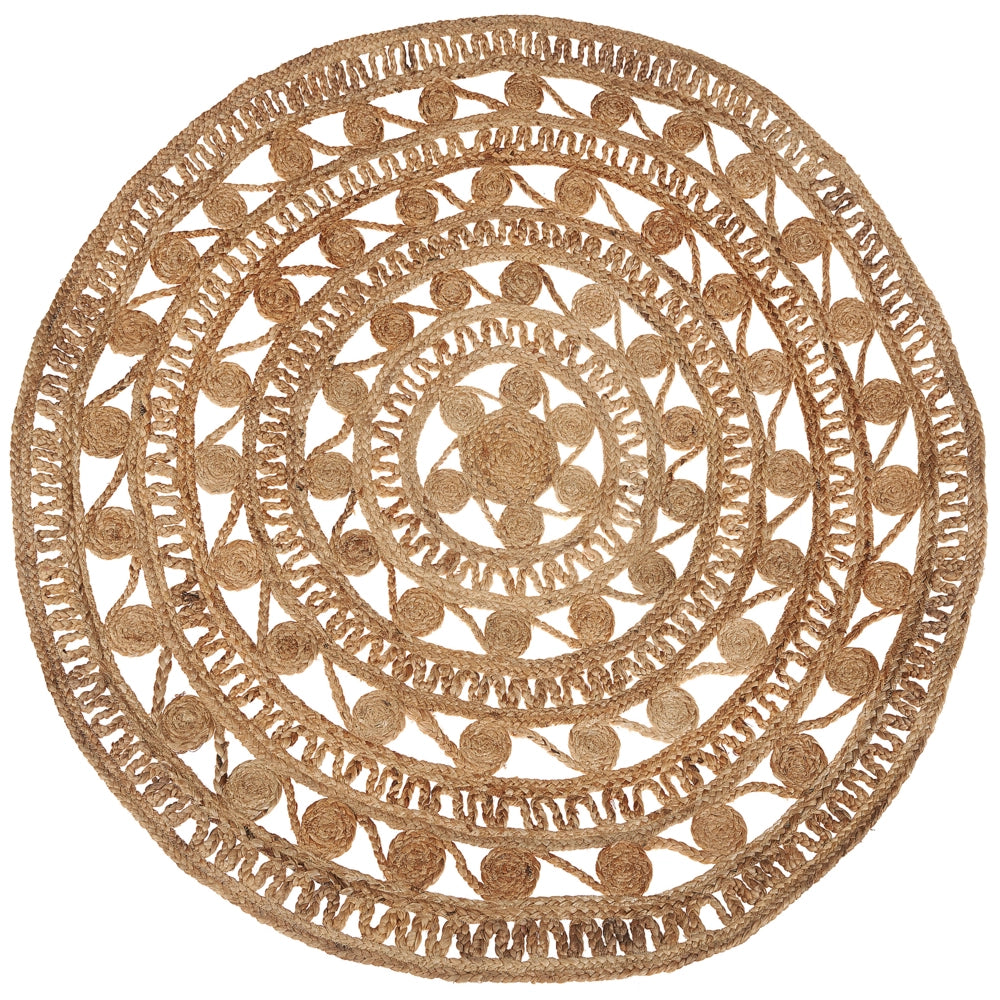 Tappeto Beige Rotondo 140 cm Boho Rustico Spirale Intrecciata Intrecciato Fatto a Mano in Juta Naturale Camera da Letto Soggiorno