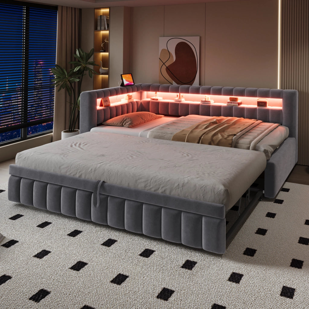OKWISH Letto a Scomparsa 90×200 cm, Letto Singolo con Letto Estraibile, USB, Type C, LED Regolabile e Vani, senza Materasso, Grigio