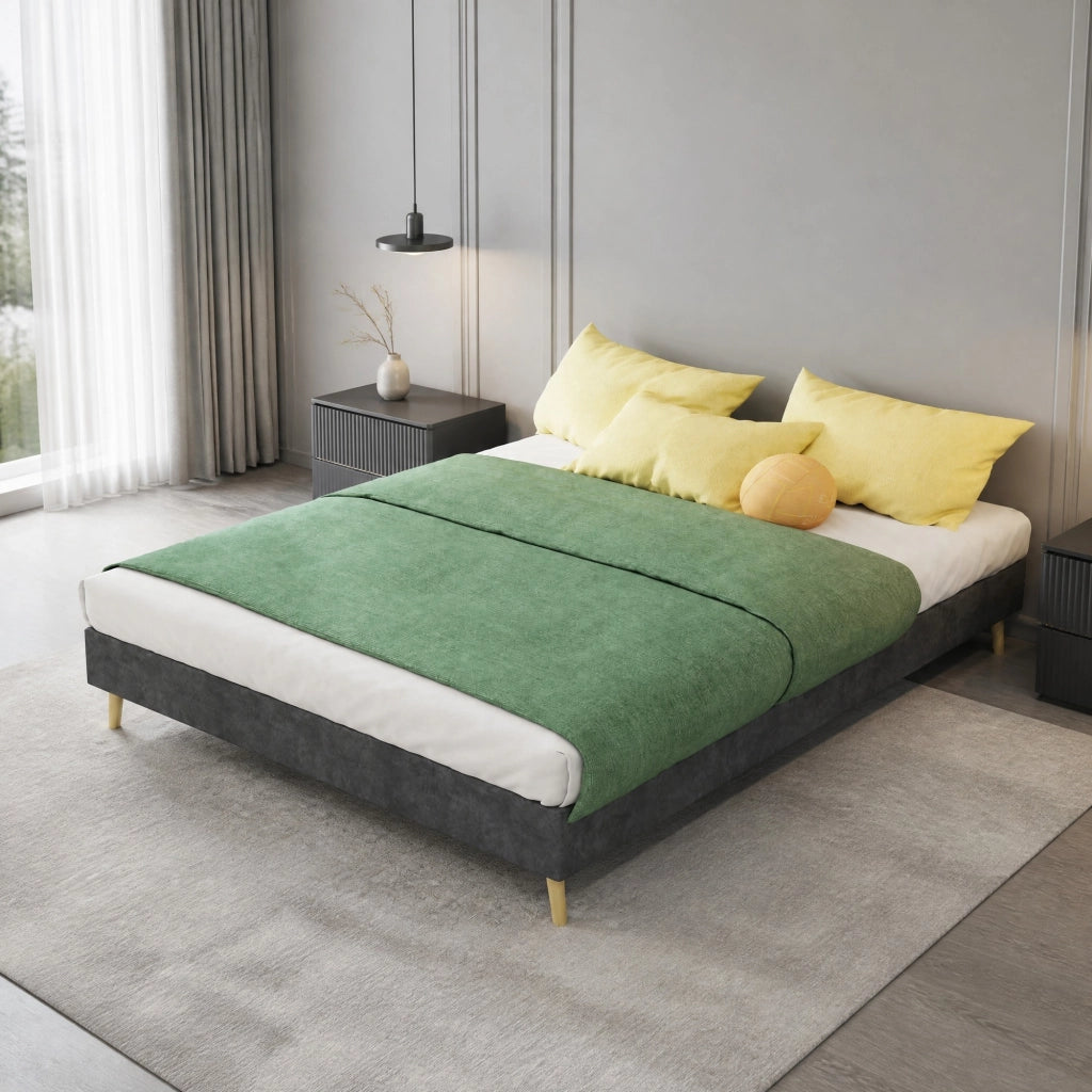 LETTO 140x200 cm Grigio in tessuto e metallo con testiera geometrica