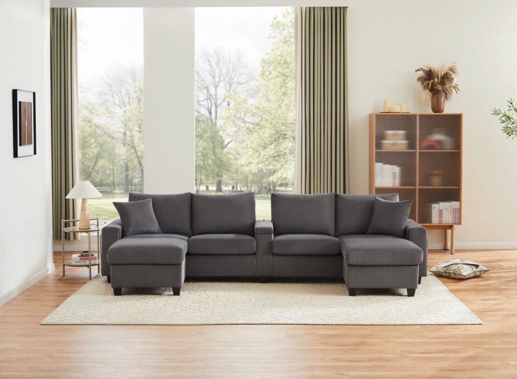 Divano a U in velluto a coste grigio con LED, USB/Type-C, 2 pouf e lampada