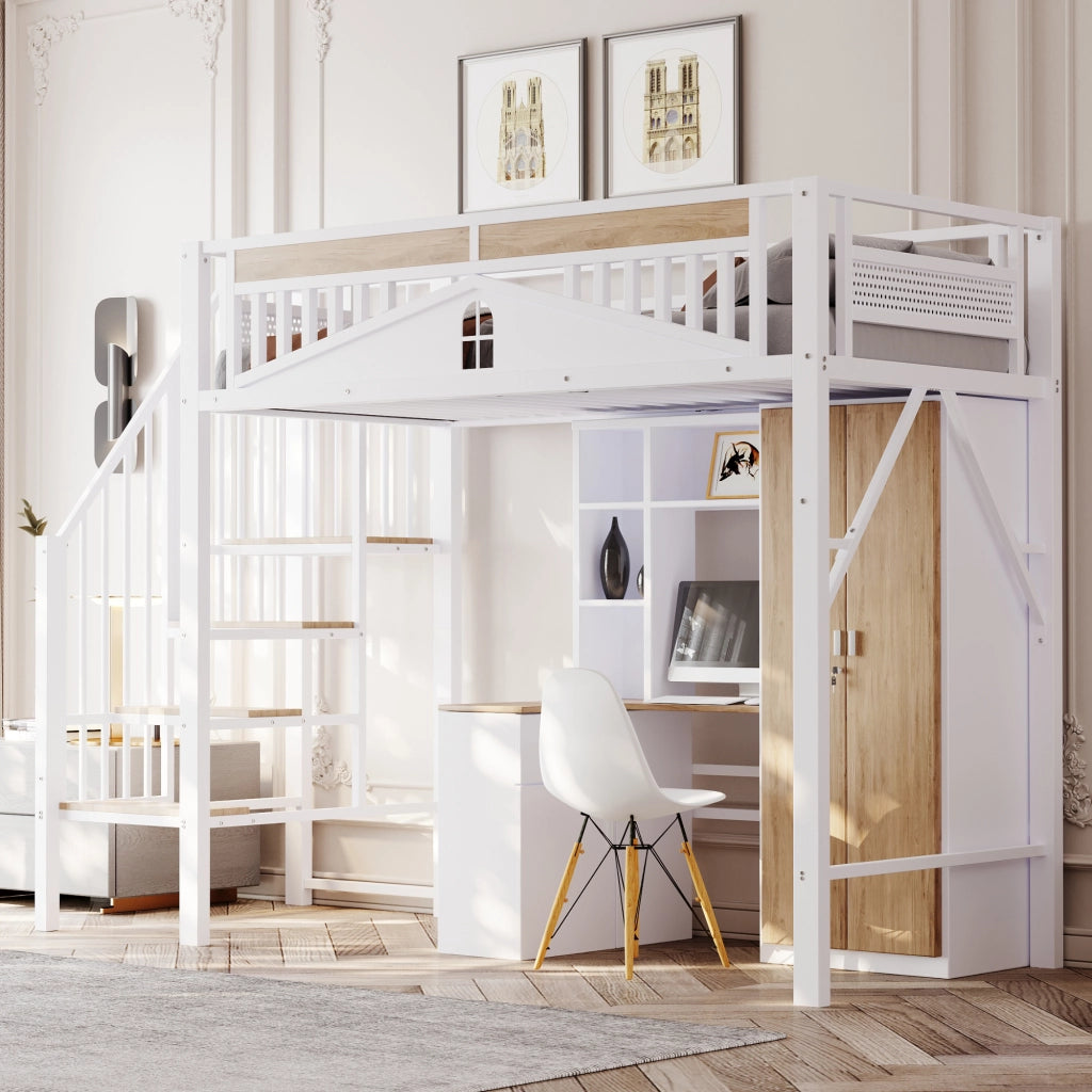 Letto a castello in metallo e legno bianco con recinzione di sicurezza e finestra 90x200 cm