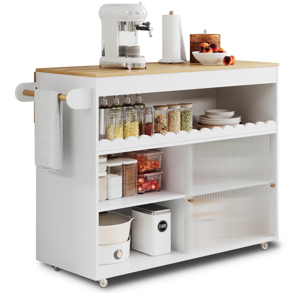 Isola Cucina Mobile 122x46/69x91 cm Bianca e Rovere con Piano Ribaltabile, Vetro e 5 Ruote