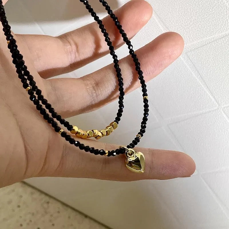 Collana a doppio strato fatta a mano con perline di cristallo nero, regalo d'amore per Natale e compleanno.