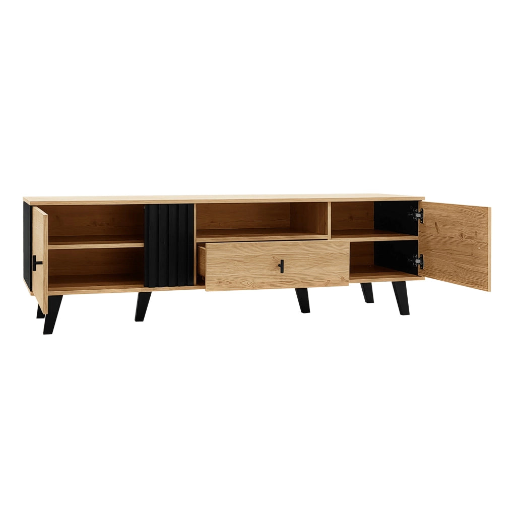 Set di Mobili da Soggiorno con 1 Tavolino; 1 Mobile TV e 1 Credenza con LED; per Soggiorno Moderno; Vetro e Pannelli di Particelle; Nero e Legno