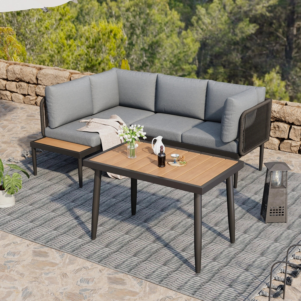 OKWISH Set di 2 Mobili da Giardino con Divano ad Angolo e Tavolo da Pranzo, per Esterno, Acciaio Zincato e Olefina Grigio