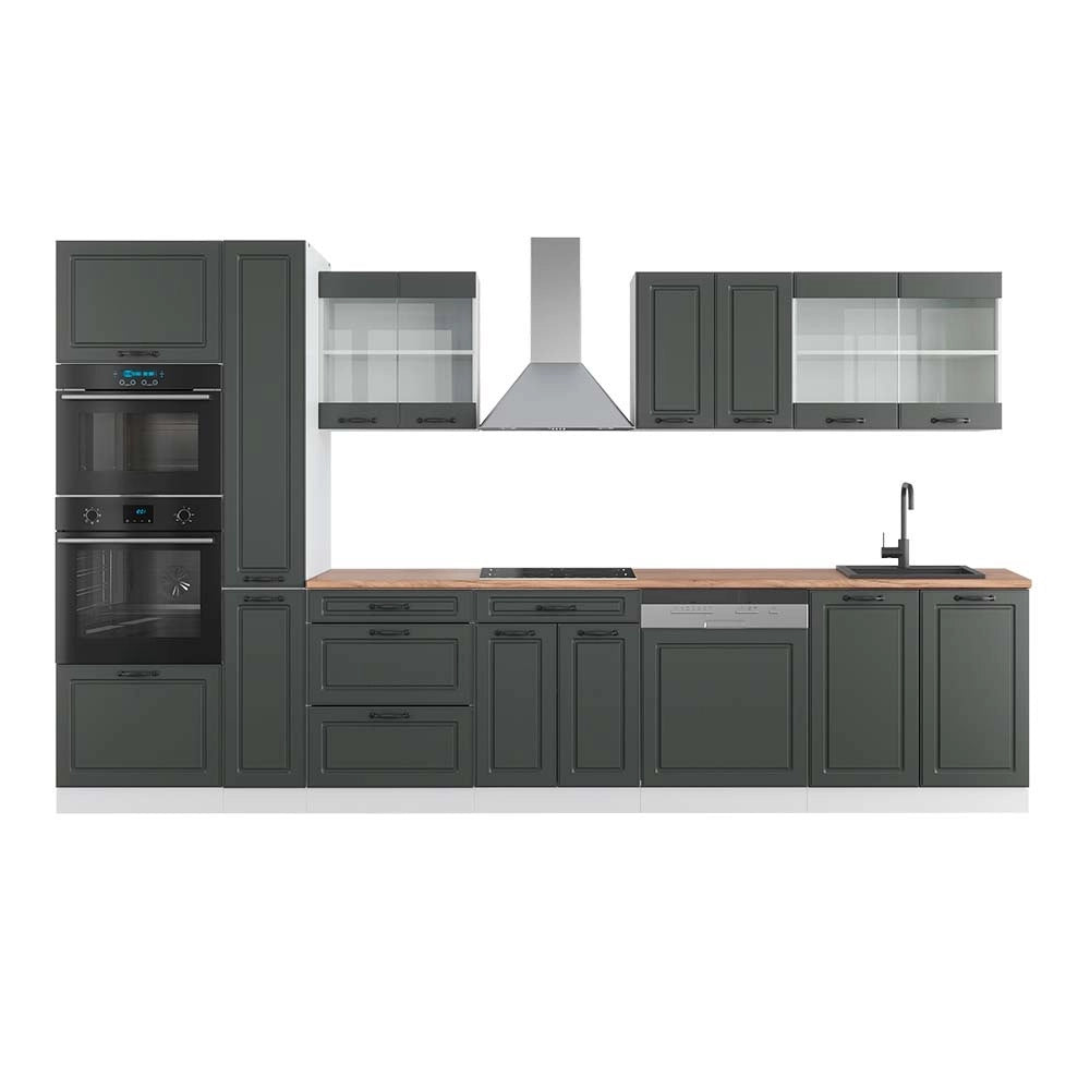 Mobile da cucina R-Line Antracite rustico/Bianco 350 cm con armadio alto, PL Rovere Vicco