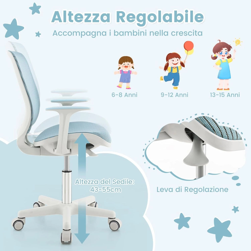 Sedia da Scrivania Girevole per Bambini (Blu, Ruote Ordinarie) | con Altezza Regolabile, 5 Ruote, Braccioli Morbidi, Mobile Ergonomica per Bambini 6-15 Anni