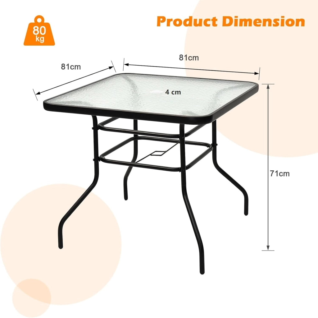 Tavolino in Vetro, con Foro di 40 mm per Ombrellone, 2 Anelli di Fissaggio, Tavolino Multiuso da Esterno, Giardino, Cortile, Balcone, Portata di 80 kg, 81x81x71 cm (Quadrato)
