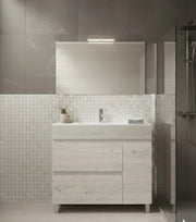 Mobile Bagno FENRIR Già Montato 2 cassetti e porta con piedini, lavabo e specchio Bianco nordico 90x45 cm
