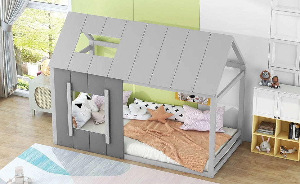 Letto per bambini a forma di casa 90x200 cm in legno di pino e MDF grigio scuro e chiaro