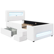 Letto Singolo 90x200 cm con Cassetti; LED e Rete a Doghe - in PU e MDF - Bianco