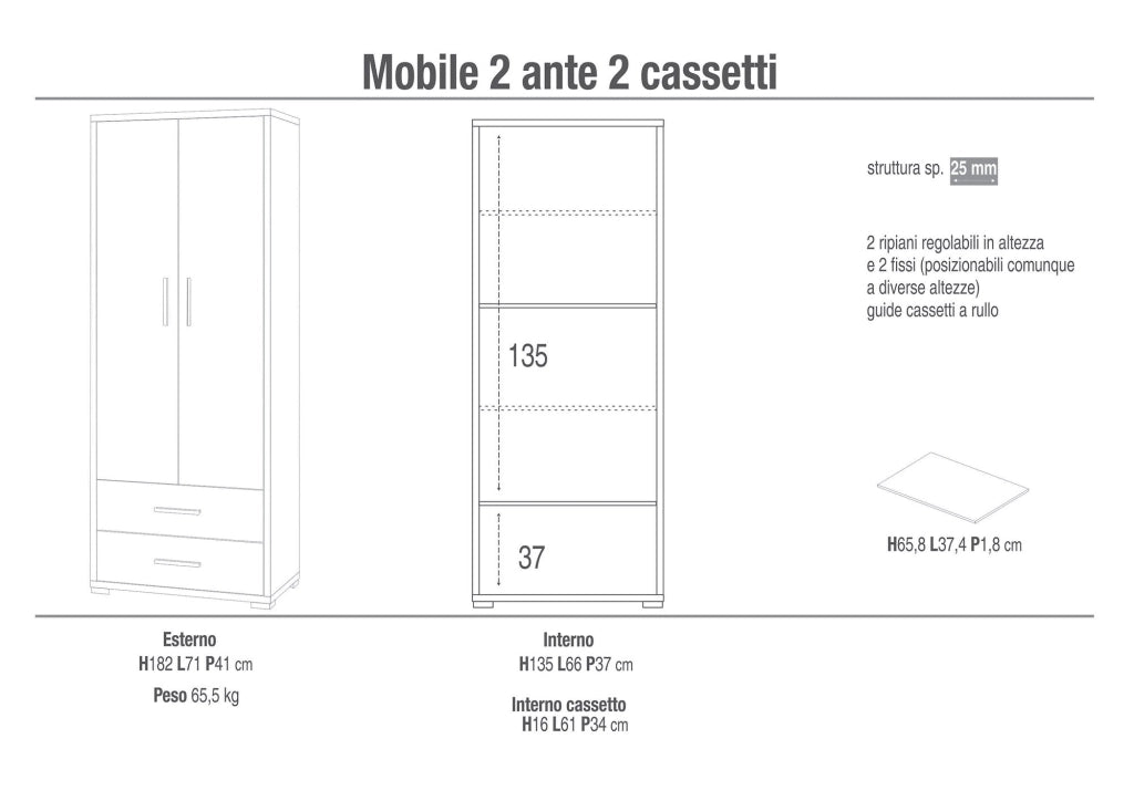 Armadio 2 Ante 2 Cassetti 71x182x41 cm Ossido Bianco