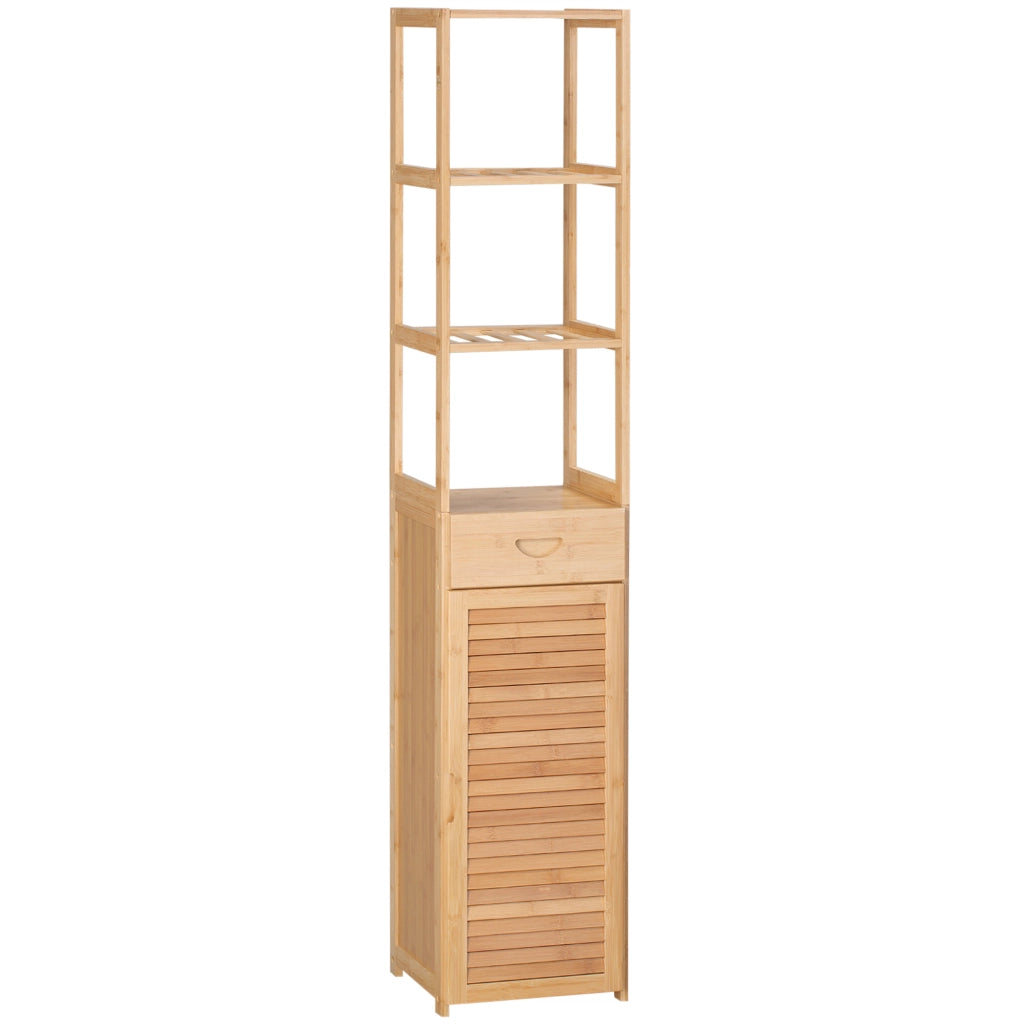 Colonna bagno in bambù con cassetto e anta a lamelle