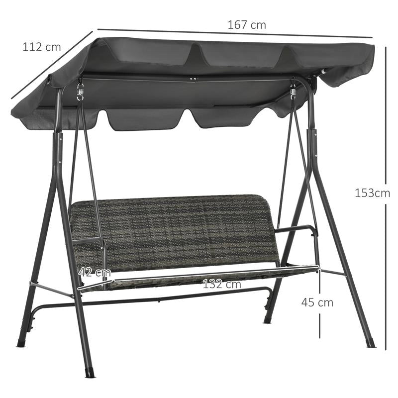 DONDOLO DA GIARDINO 3 POSTI CON TETTUCCIO REGOLABILE IN RATTAN PE 167X112X153 CM GRIGIO SCURO