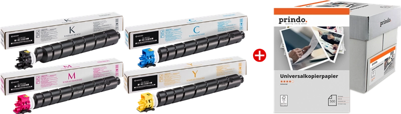 ORIGINAL Kyocera Value Pack nero / ciano / magenta / giallo / Bianco TK-8525 MCVP 01 + Prindo Universal Papier 2500 Blatt ~90000 Seiten