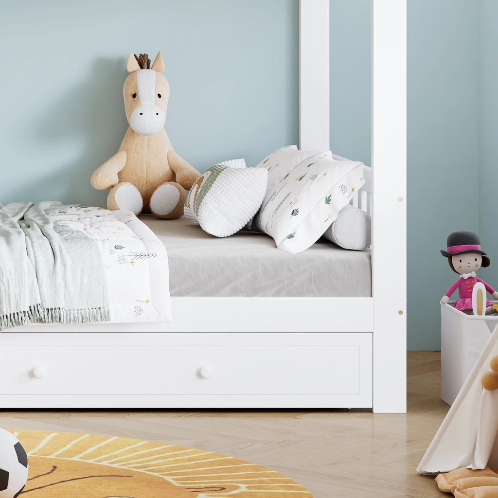 Letto a Castello 90x200 cm - Scala a 4 Gradini e Sponde su 4 Lati - Bianco Naturale