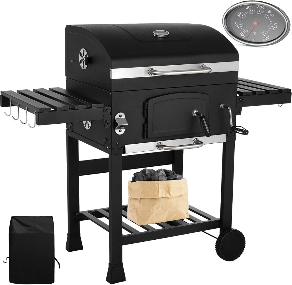 Barbecue Carbonella XXL con Coperchio, Griglia per Barbecue con Copertura Impermeabile, Ruote e Termometro, Altezza regolabile, Grande BBQ Smoke, per Campeggio, Giardino