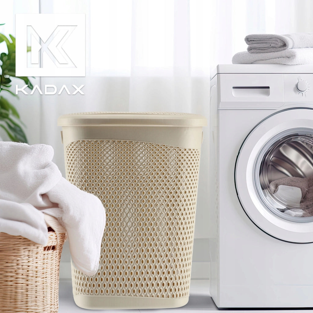 Cesto portabiancheria KADAX con coperchio, contenitore in plastica, 55 litri, beige