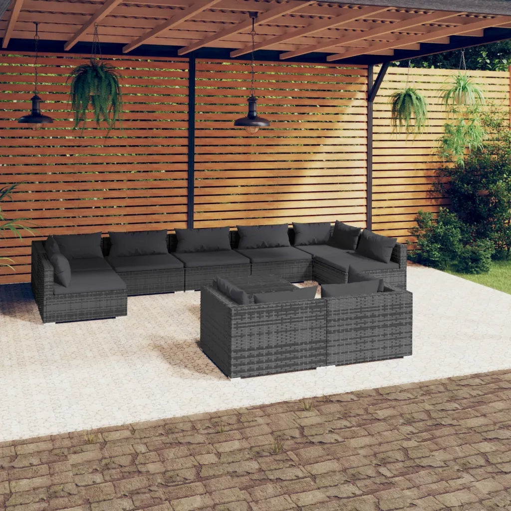 Set Divani da Giardino 10 pz con Cuscini in Polyrattan Grigio 3102069