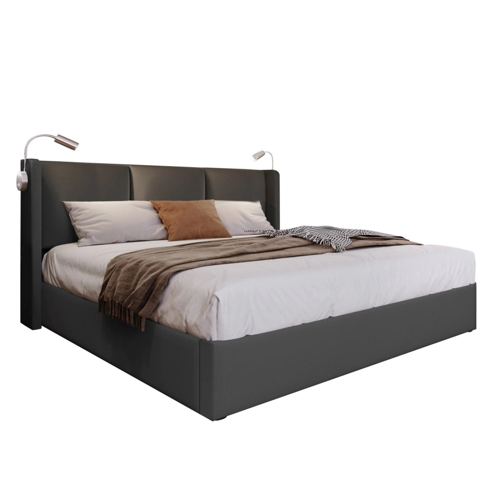 Letto matrimoniale 180x200 cm con contenitore; luce da lettura e 2 porte USB; grigio